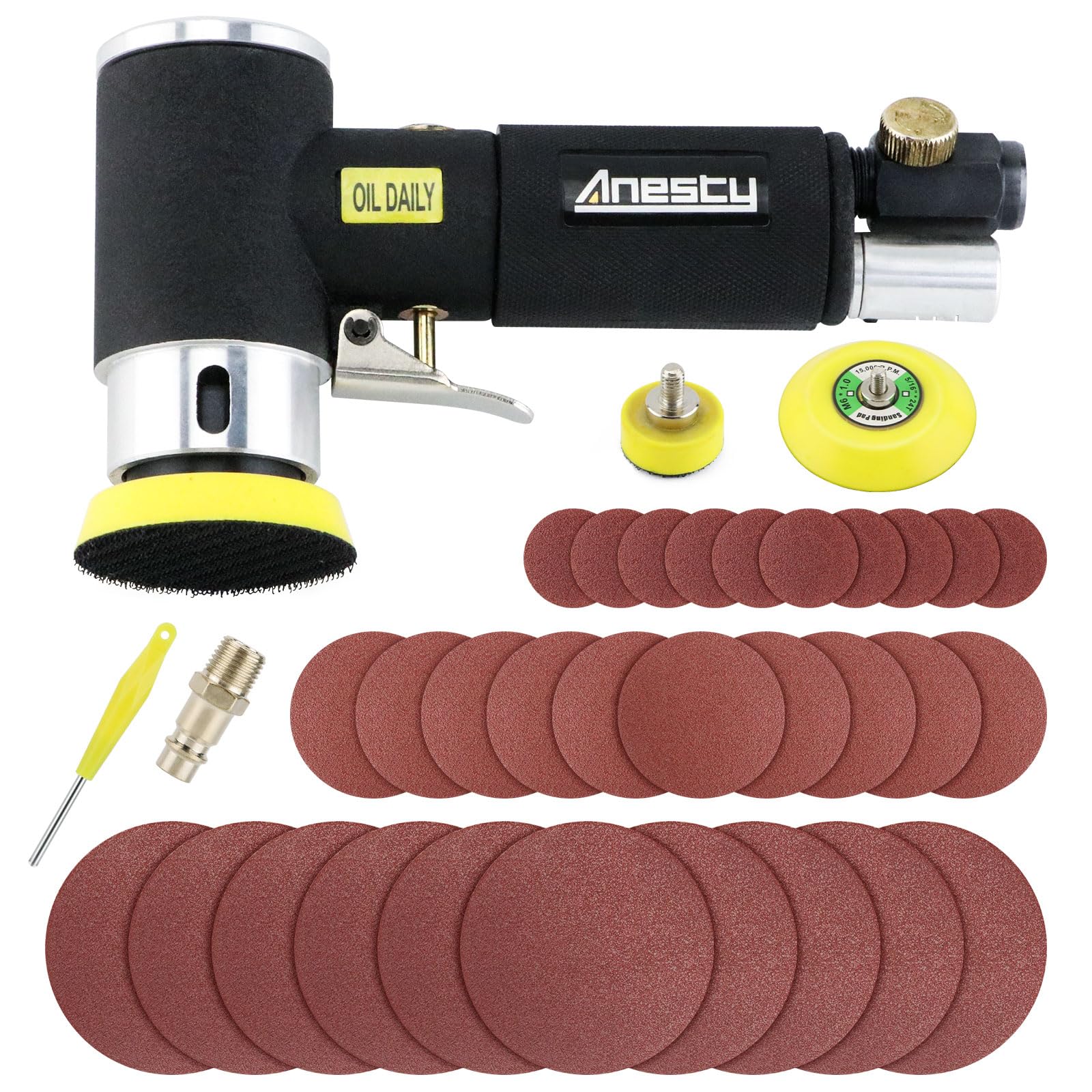 Mini Air Orbital Sander 1/2 /3 Inch DA Action Random Orbit Sander Polisher with 25mm/50mm/75mm Sanding Pad and 30PCS Sanding Discs