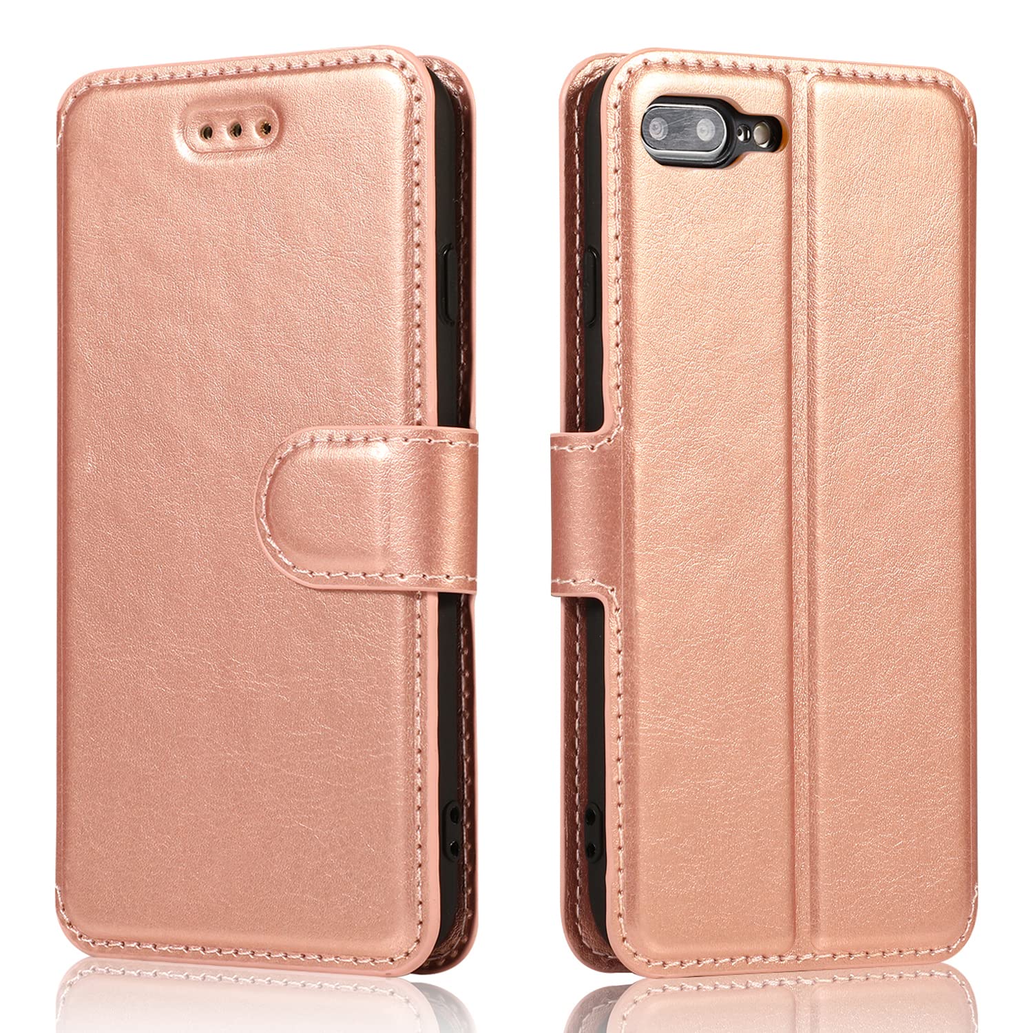 QLTYPRI Case for iPhone 7 Plus 8 Plus, Premium PU Leather Simple Wallet Case with Card Slots Kickstand Magnetic Closure Shockproof Flip Cover - Rose Gold