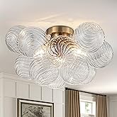GoYeel Semi Flush Chandelier Gold, Modern Light Fixtures Ceiling Mount | Lighting Pendant 3 Light Dining Chandeliers Over Table Glass 18.5" 13 Clear Swirled Globe for Foyer Bedroom Kitchen