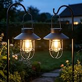 Solar Lantern 2pack Outdoor Hanging Light- Waterproof Vintage Metal Light with Shepherd Hook Decorative for Patio, Backyard, Porch, Yard (Black)