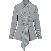 HNBAYPRX Peplum Tops for Women Tie Front Striped Button Down Shirt Collared Long Sleeve Business Casual Work Office Blouse