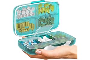 BEXEEN Travel Pill Organizer - Airtight Medicine Case for Traveling Portable Pharmacy Box with Labels Vitamin Container 8 Compartment Supplement Medication Holder Large Capacity Daily (Green)