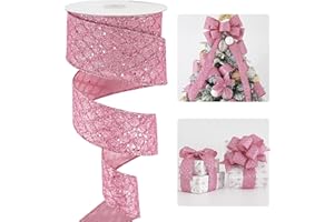 HUIHUANG Pink Glitter Wired Ribbon for Christmas Tree 2.5 inch Light Pink Diamond Mesh Wire Ribbon for Tree Decoration, Wreaths, Garland, Gift Wrapping, Bows Making, Home Decor -10 Yards