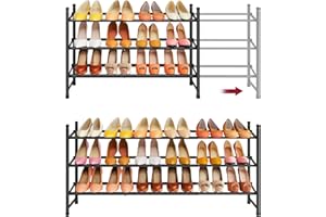 Tajsoon Expandable Shoe Rack for Closet 3 Tier, 28“-41“Adjustable & Stackable Shoe Shelf Storage, Metal Shoe Rack Organizer for Front Door Entrance, Closet, Garage, Entryway, Black