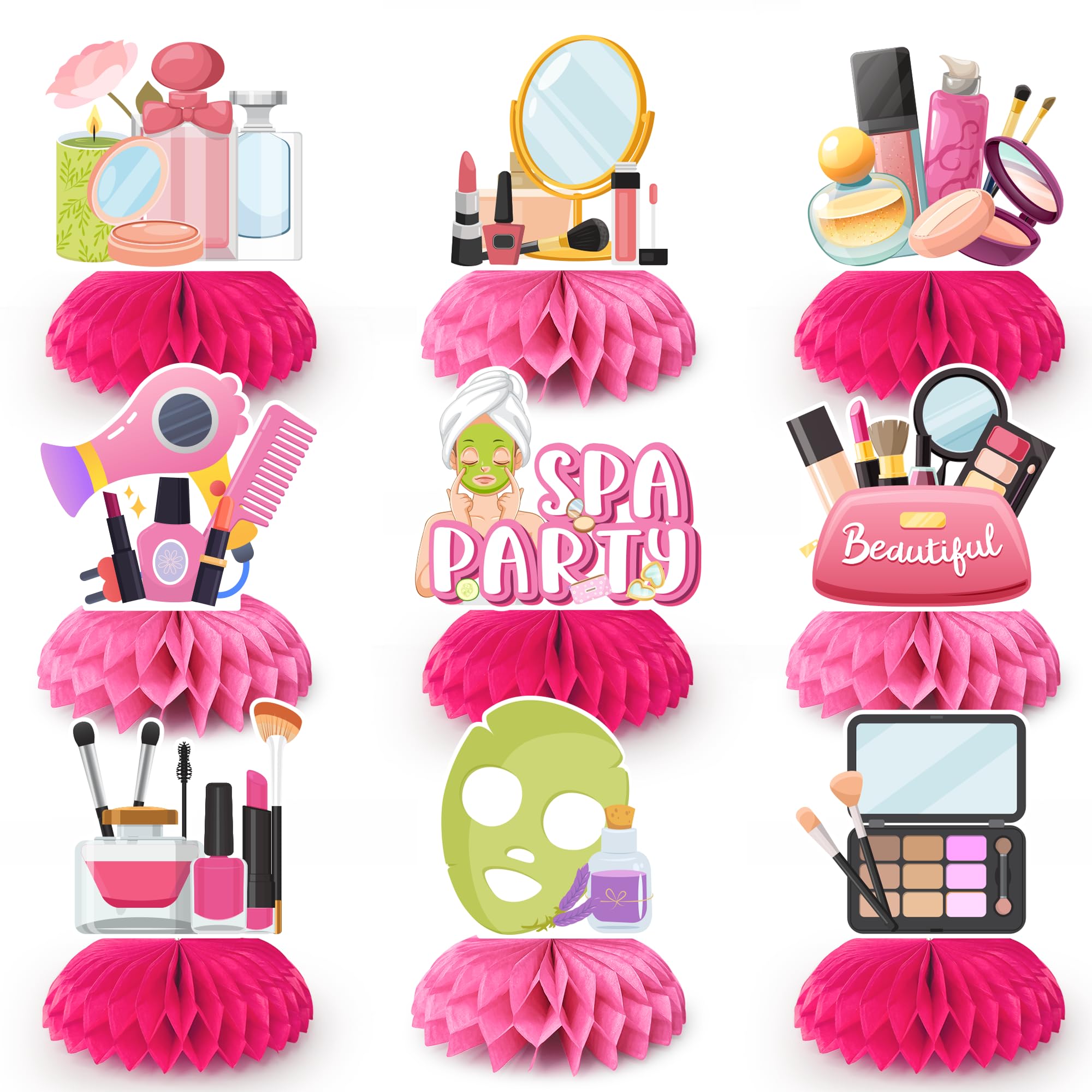 Spa Party Decorations, 9pcs Spa Honeycomb Centerpieces/Make Up Table Decorations/Spa Centerpieces for Tables/Spa Birthday Party Centerpieces, Spa Day Centerpiece for Makeup Birthday Party Decorations