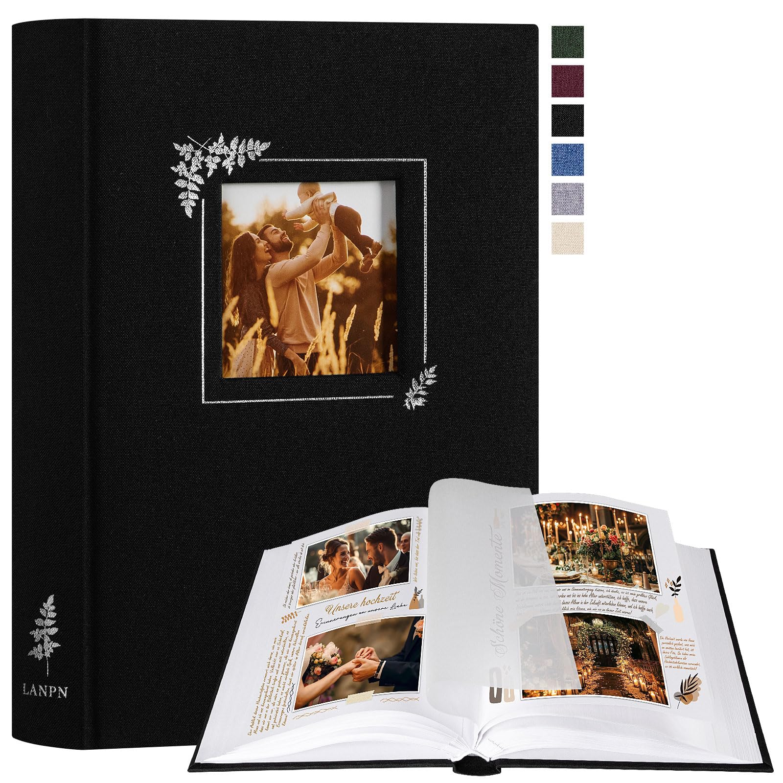 Lanpn Photo Album, Small Linen DIY Window Design, Scrapbook, 60 Blank Pages with Cellophane Dividers for Photos 9 x 13 cm, 10 x 15 cm, 13 x 18 cm (19 x 27 cm, Black)