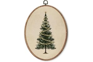 Hxlac Vintage Christmas Tree Oval Wall Art Framed, Neutral Antique Christmas Tree Oval Wall Decor, Cottagecore Winter Hanging Canvas Prints Wall Sculptures for Farmhouse Home Living Room Decor, 8.5x11.5 Inch