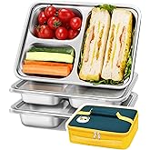 KTKUDY 3 Pack Stainless Steel Snack & Lunch Containers with Plastic Lids - Meal Prep Containers 3 Compartments - Metal Bento Lunch Boxes for Kids & Adults - Not 100% Leakproof - Toddler & Kids Plates