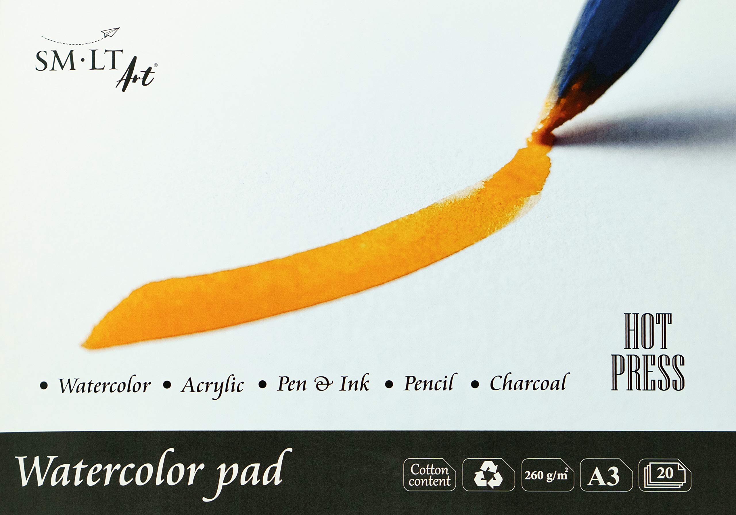 SMLT 3AS-20 (260)/HP Traditional Hot Press Watercolour Paper A3 Watercolour Paper 260gsm White 100% Recycled Paper with Cotton Ageing Resistant and Acid 20 Sheets