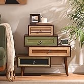 Ahokua Vintage Accent Chest with 4 Drawers, Asymmetrical Stacked Design, Multicolored Hand-Carved Decorative Rustic Cabinet f