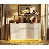 Fluted Dresser for Bedroom with 6 Drawers, 54" Wide Modern Chest of Drawers with Lighting, Wooden Dresser TV Stand with Curve