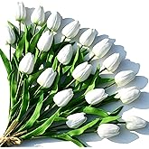 ONLY ART Artificial White Tulips 20 Pcs – 13.5 Inch PU Faux Flowers with Bendable Stems for Home Décor, Wedding Centerpieces, DIY Floral Arrangements, New Year and Valentine's Day
