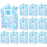 Whaline 12Pcs Winter Snowflake Clear PVC Gift Bags with Handles and Tissue Paper Holographic Winter Wonderland Snowflake Party Favor Bag Iridescent Treat Tote Bag for Xmas Holiday Wedding Birthday