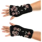 Ella Sussman Hand Knit Fingerless Embroidered Flower Winter Wool Texting Gloves Mittens Warm Fleece Lined