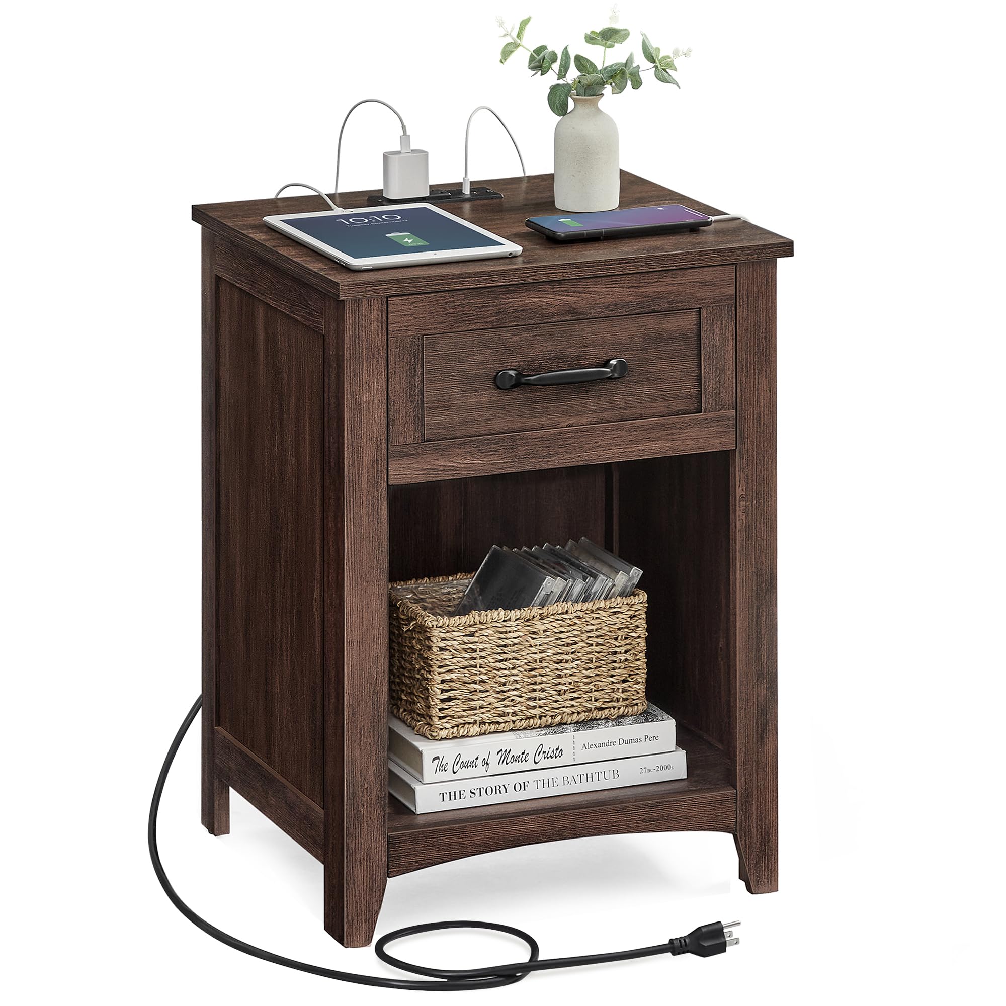 VASAGLE LIRY Collection - Farmhouse Nightstand with Charging Station, Bedside Table, Side Table with Drawer, Open Compartment, for Bedroom, Maroon Brown ULET659K51 Image