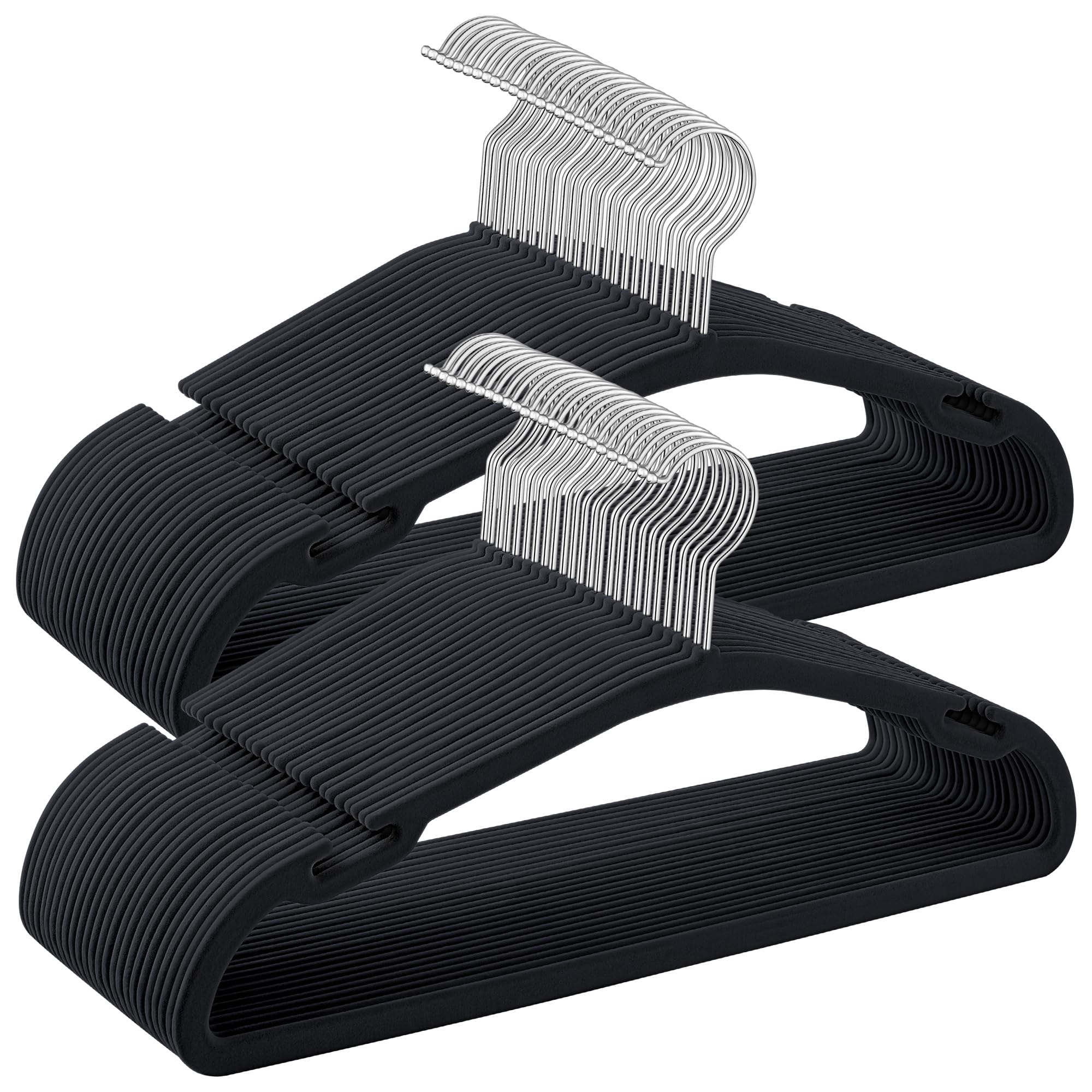 SONGMICS Kleiderbügel Samt, Bügel 50er Set, 43 x 21 cm, Samtbügel rutschfest, breite Schulterkerben, Stange für Hosen, 360° drehbarer Haken, platzsparend, für Garderobe, tintenschwarz CRF039B03