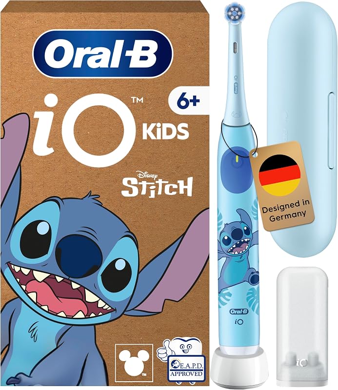 iO Kids Disney Stitch escova de dentes elétrica para crianças +6 anos, 1 cabeça, Travel Case, 3 modos com modo sensível Adequado para crianças, temporizador com música