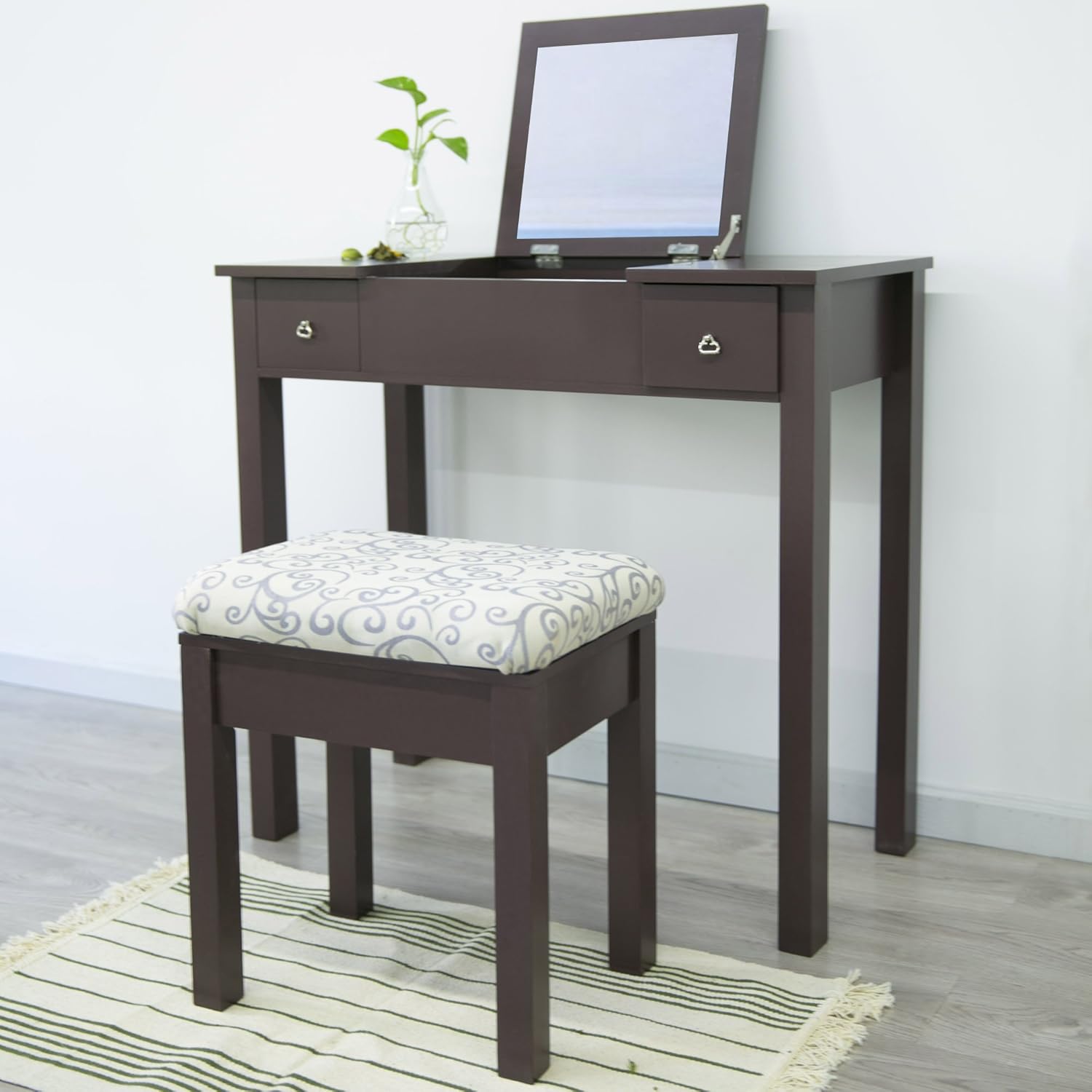 Amazon Com Cloud Mountain Vanity Table Set Makeup Jewelry Flip Top Mirrored Dressing Table Stool Set Espresso Kitchen Dining