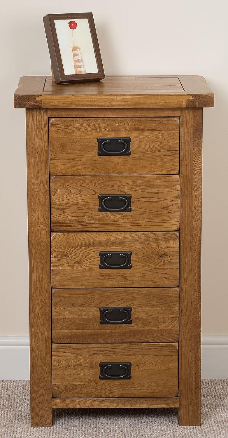 Cotswold Rustic Solid Oak Tallboy Chest Of 5 Drawers Bed Room