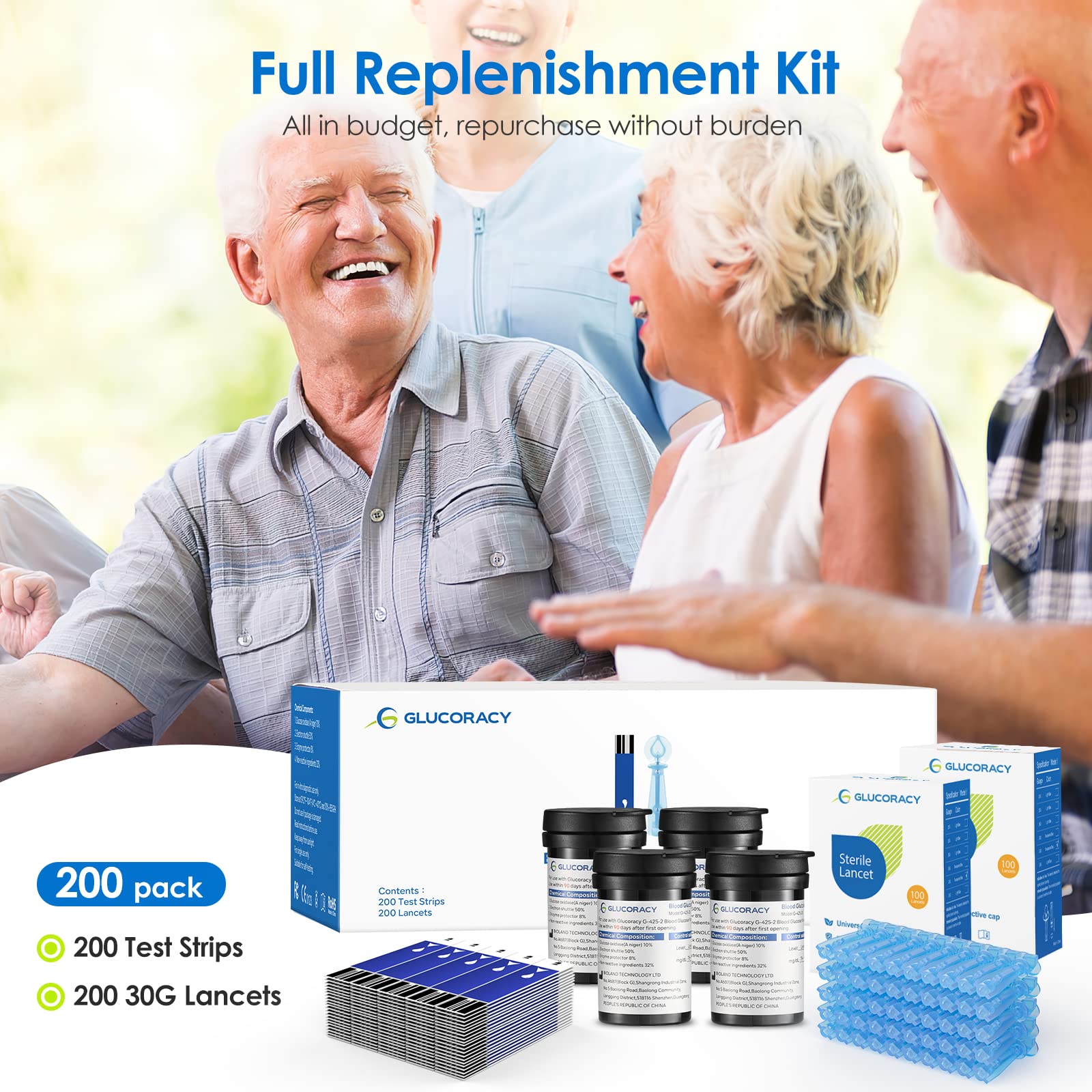 Glucoracy Blood Glucose Test Strips G-425-2, 200 Blood Sugar Test Strips for Diabetes, 200 Lancets, Self Diabetes Blood Glucose Testing, Only Works with Glucoracy G-425-2 Meter