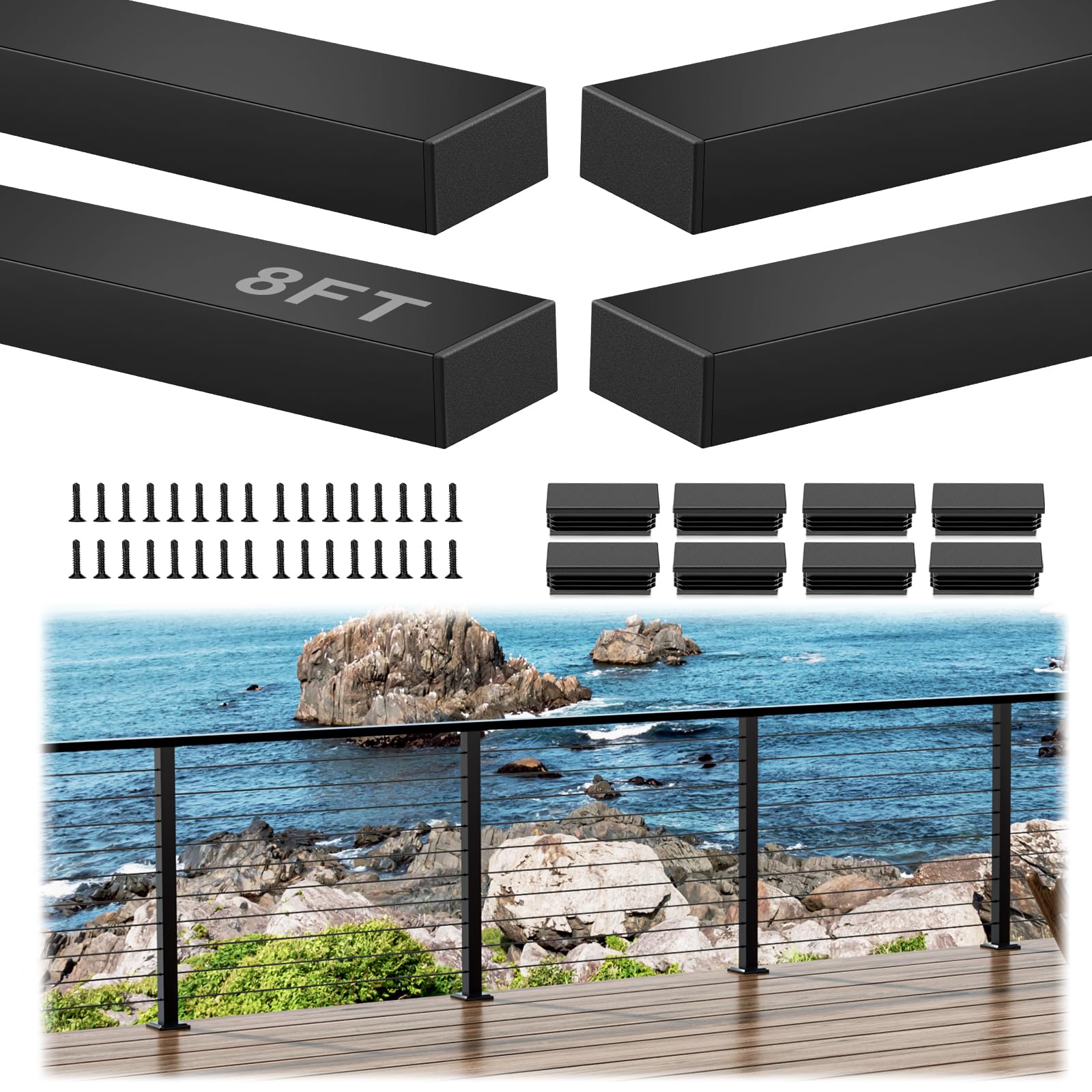 Photo 1 of Gyykzz 8FT Aluminum Black Handrail, 4 Pack Rectangular Flat Top Hand Rail Prefect for Coastal Projects, Deck Railing Top Rail Square Tube with 8 Nylon End Cap for Indoor Outdoor Stairs DIY Balustrade