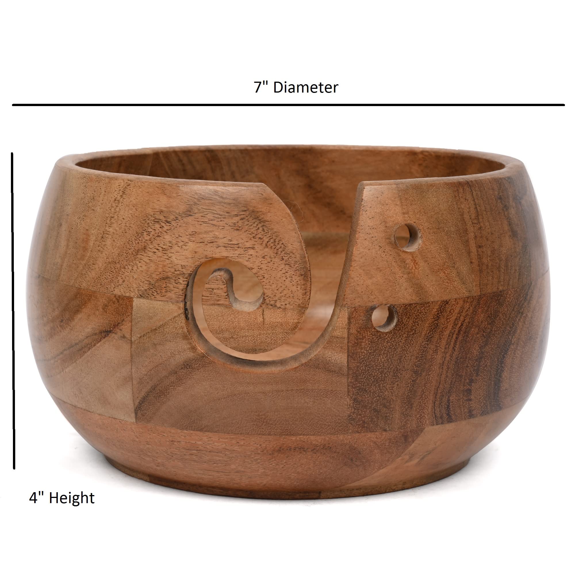 EDHAS Acacia Wood Yarn Bowl Holder | Handmade Holder with Holes | Yarn/Wool/String Storage Accessory (7