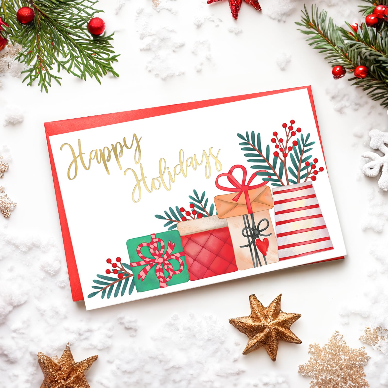 BGTCARDS 24 Pack Gold Foil Christmas Cards with Envelopes and Inside Messages 6 Assorted Designs Christmas Cards Bulk for Friends, Family, Kids, Boys, Girls.