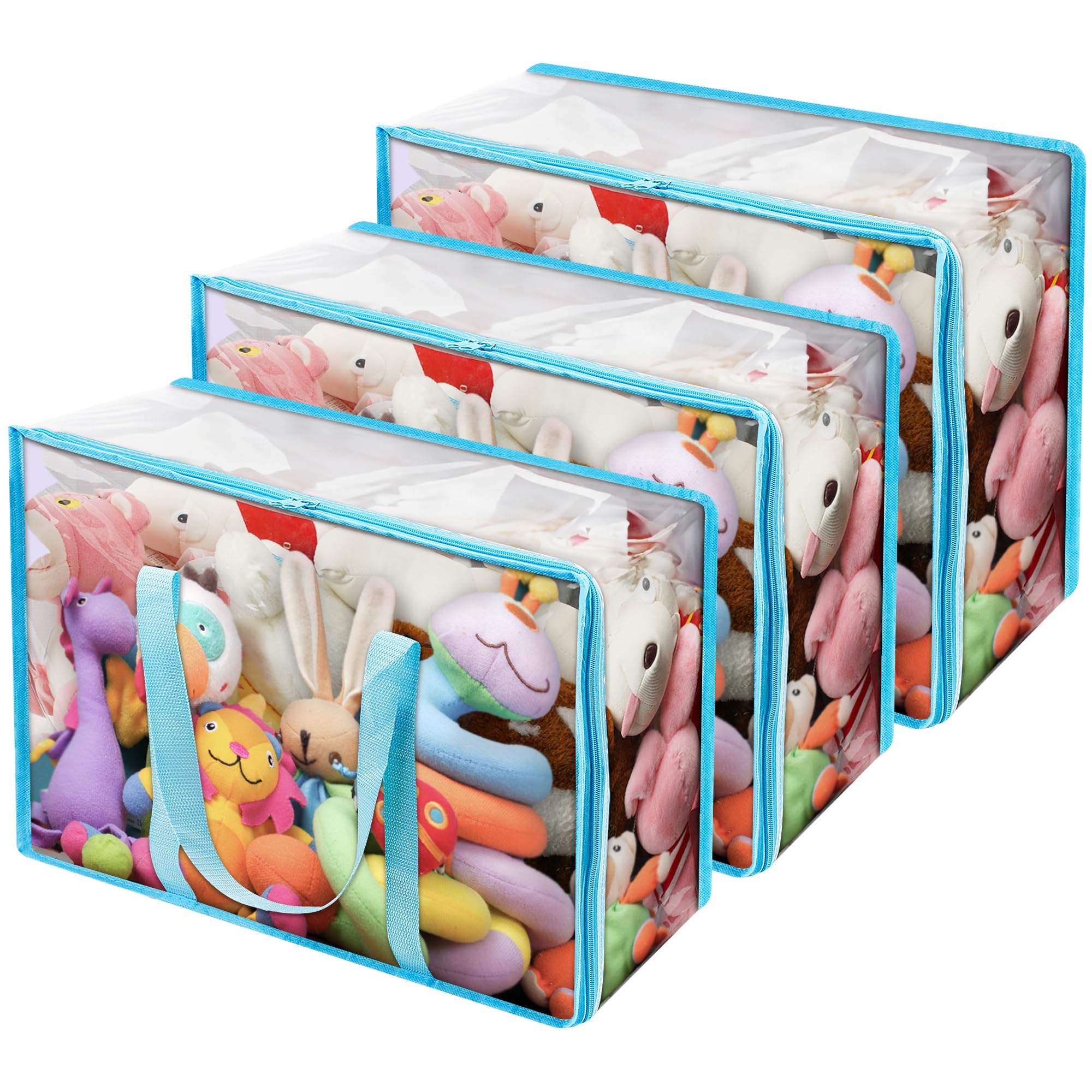 Vieshful Clear Clothes Storage Bag Organizer with Blue Reinforced Handle, 18.1 X 15 X 9.1 in, Storage Bag for Comforter, Blanket, Bedding, Duvet, Transparent Moving Totes with Sturdy Zipper, 3 Pack