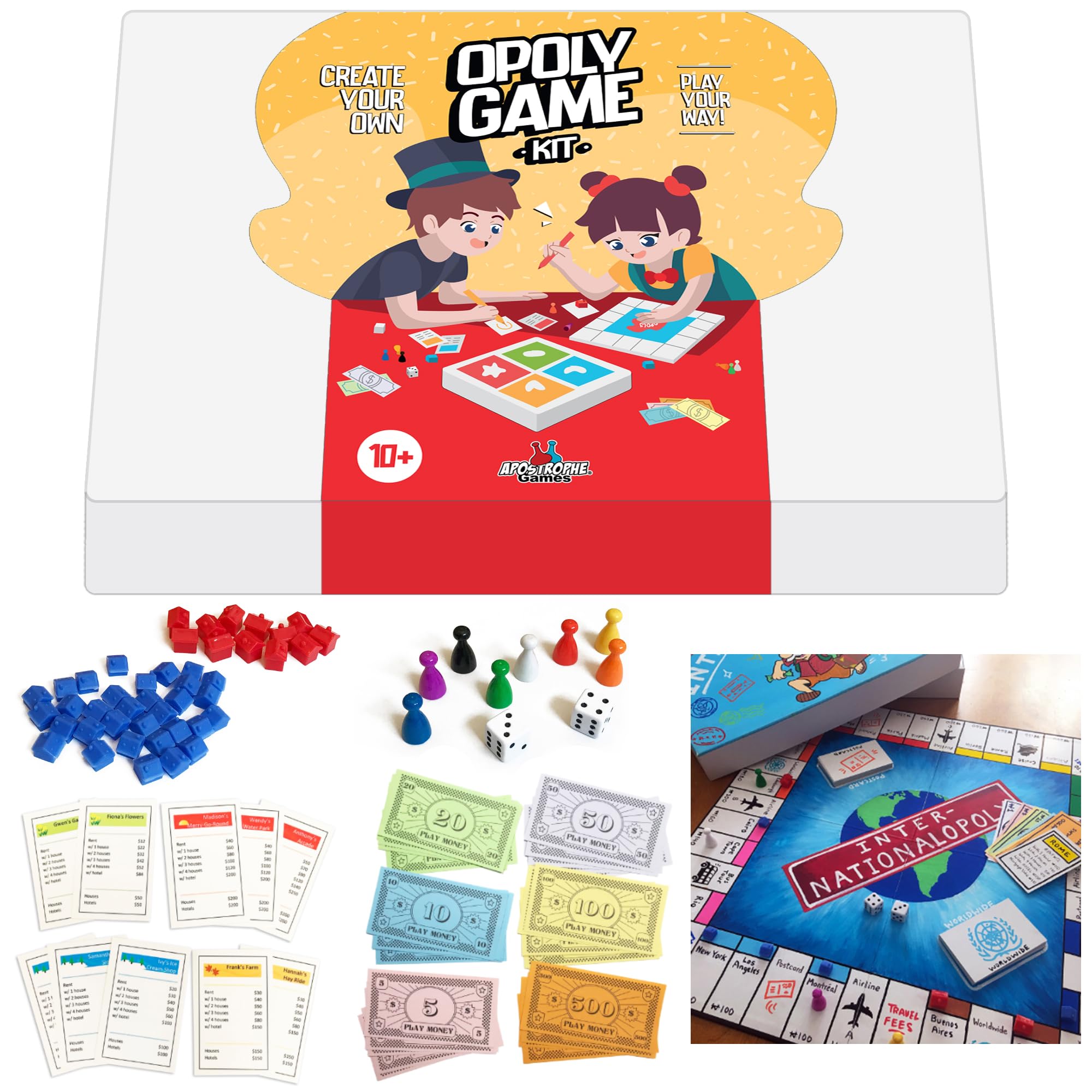 APOSTROPHE Games Create Your Own Opoly Board Game – Blank Game Board with Accessories, Blank Cards, Property Cards – 2+ Players, Ages 10+