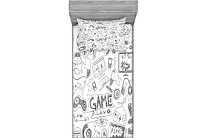 Ambesonne Gamer Themed Home and Dorm Decor Bedding Set with Sheet & Covers Monochrome Sketch Style Gaming Racing Video Games Geek Teen 90's Art Print Decorative Bedroom with Sham, Twin, Charcoal Black