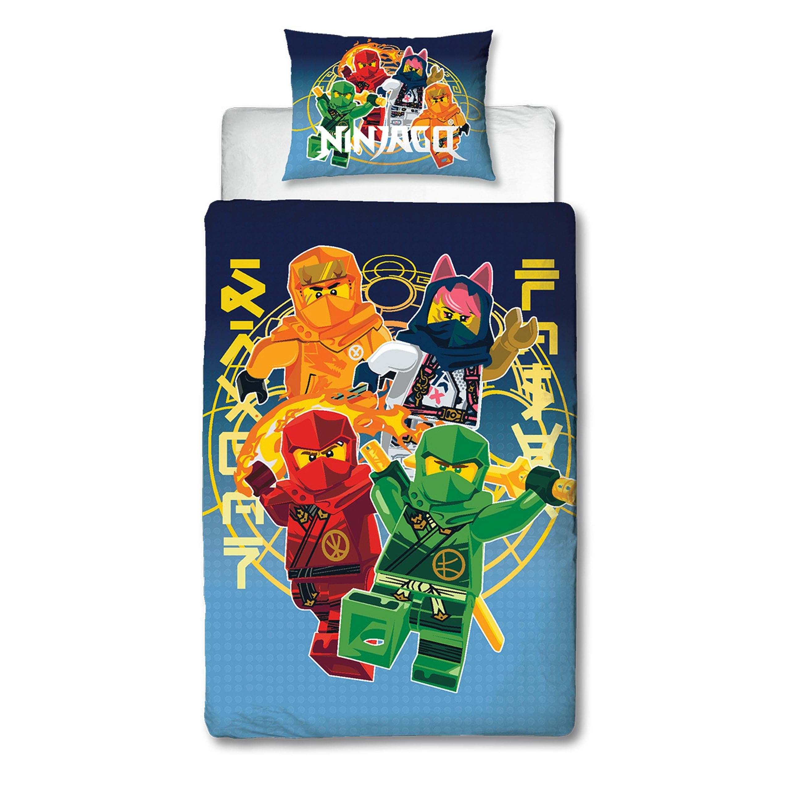 Character World Official Lego Ninjago Single Duvet Cover Set | True Design | Reversible 2 Sided Bedding Including Matching Pillow Case | Single Bed Set | Polycotton