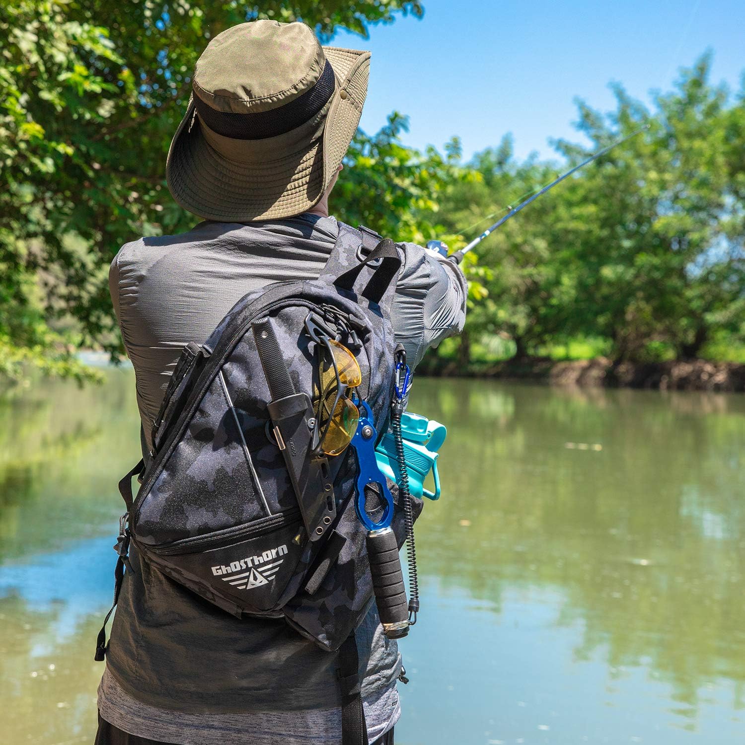 Ghosthorn Fishing Tackle Bag with Rod Holder Tackle Box Storage Backpack Fishing Gear Sling Pack Outdoor Shoulder Fishing Bag for Saltwater and Freshwater Standard Incognito Camouflage : Sports & Outdoors