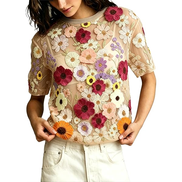 GORGLITTER Women's Embroidered Sheer Floral Tops Dressy Y2K Mesh