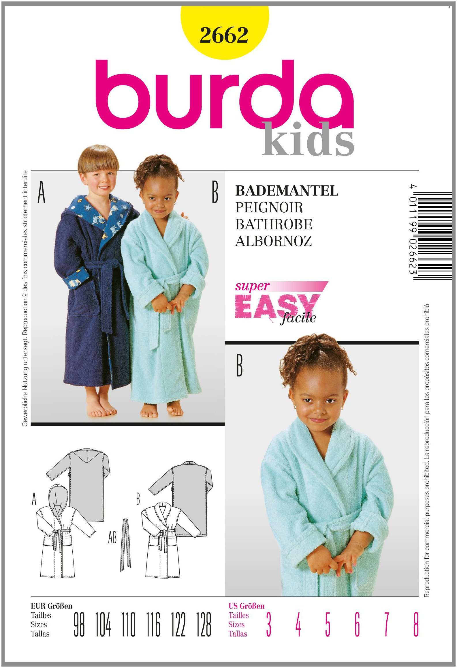 Burda Pattern 2662, Sewing Patterns, F Bathrobe? R M? Girl and Boy in Size 98-128