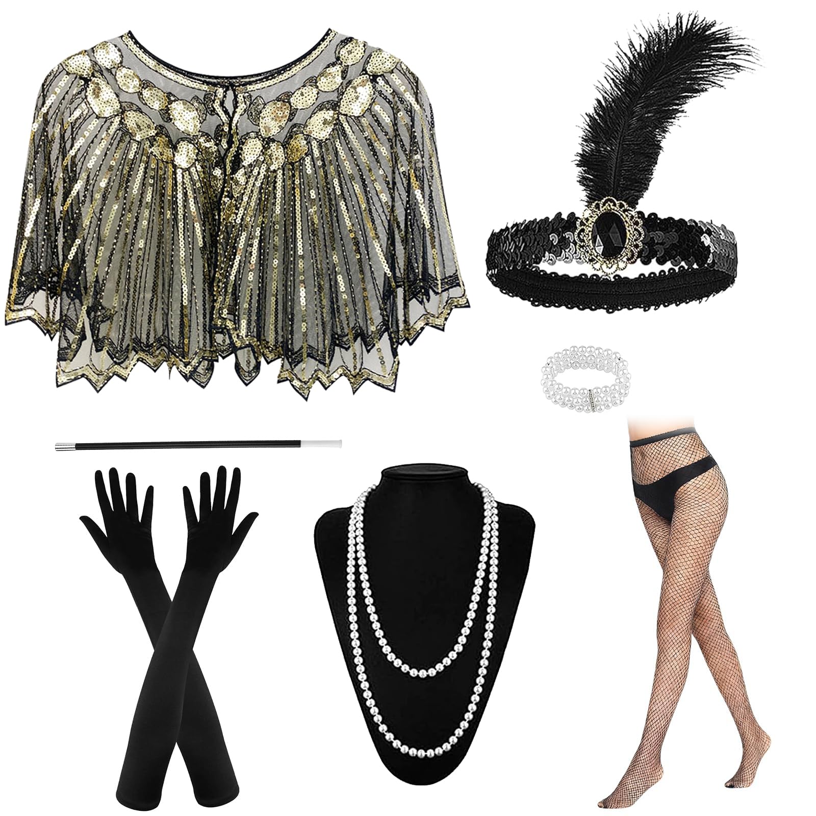 YumSur 7PCS 1920s Flapper Great Gatsby Accessories Set,Retro 20's Theme Party Costume Set,Ladies Charleston Fancy Dress Up Set for Women with Headband,Shawl,Long Black Gloves, Necklace,Handheld Props