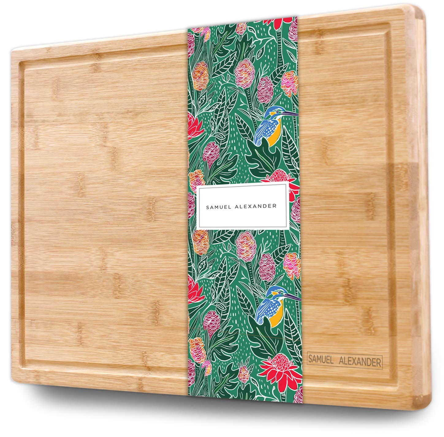 Samuel Alexander Bamboo Cheese Board & Cutting Board with Juice Groove - Professional Wooden Chopping Board Ideal as a Meat Cutting Board & Cheese Block - Large Surface Area 18" x 12" - Organic Bamboo