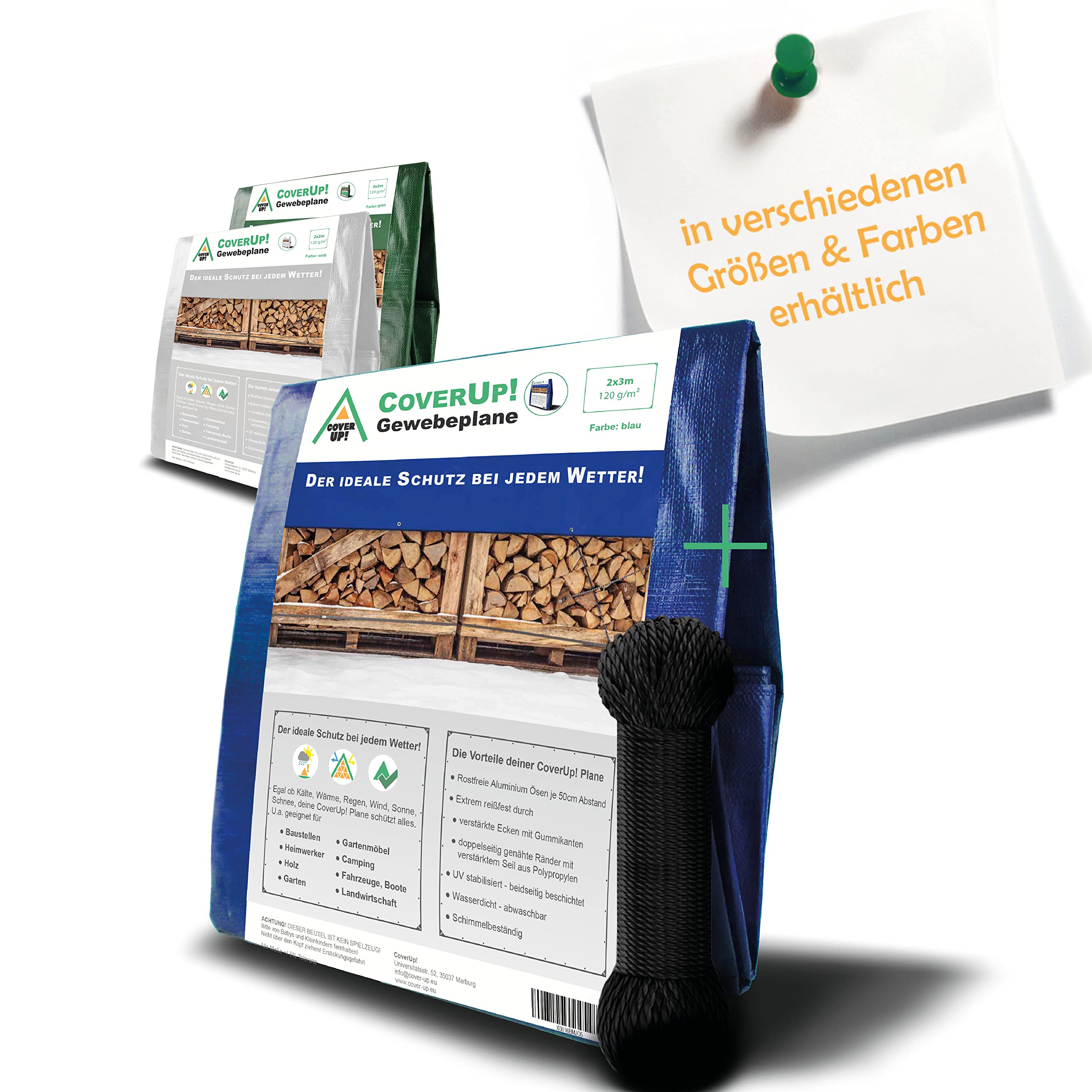 CoverUp! Tarpaulin 2 x 3 m - Blue, 120g/m² - Tarpaulin Waterproof Heavy Duty - Cover for garden, furniture, pool, boat, outdoor, camping or as a ground sheet - Large tarpaulin sheet with 12 m rope