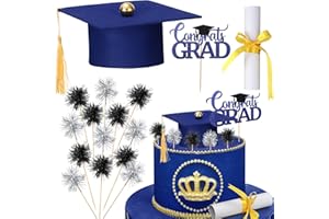 Ctosree 16 Pcs Graduation Cake Kit Included Felt Graduation Party Supplies Cap with Tassel Firework Cupcake Toppers Grads Cake Topper Diploma Decoration for Wedding Baby Shower Graduation (Blue)