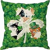 ZAEW Green Shamrocks Clovers Cats St. Patrick's Day Pillow Cover Throw Pillow Cases Decorations for Farmhouse Home Sofa Couch Cushion Cover Party Holiday Decor 18x18 Inch