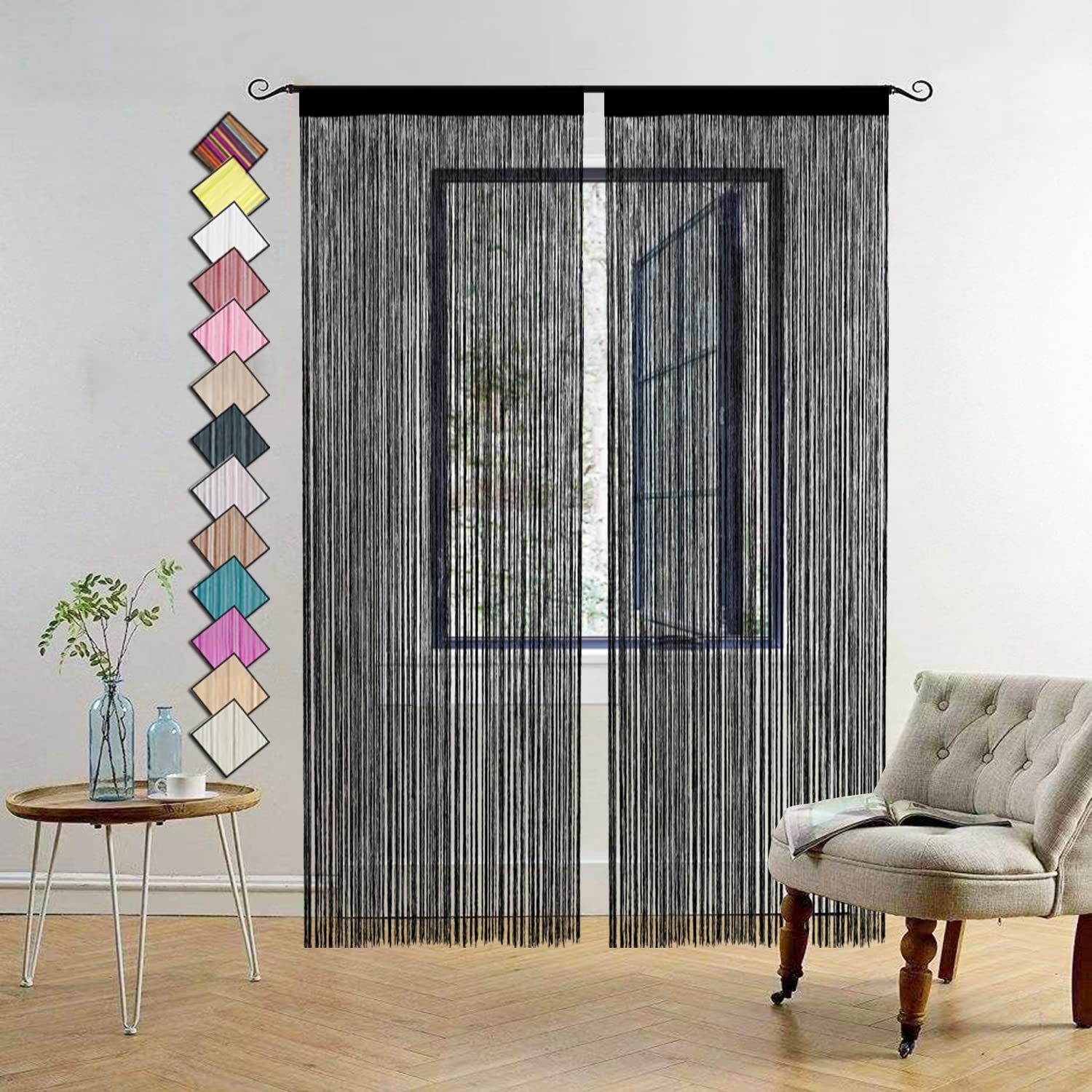 HSYLYM 2 String Door Curtain Window Decorations Room Divider Room Decorations Curtain for Window (Black 2 PCS, 35"x79") — image 1