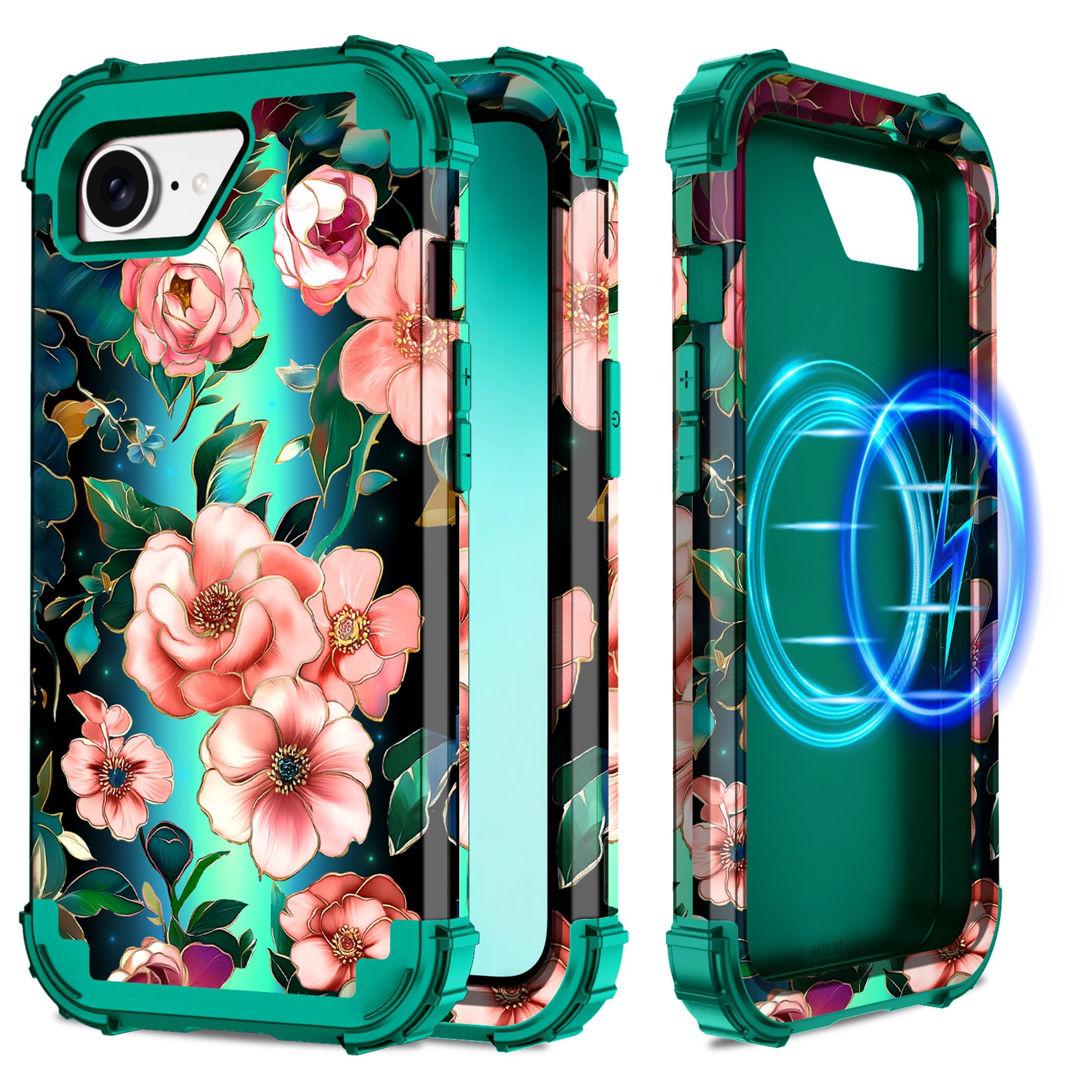 Hekodonk for iPhone 17e Case Magnetic,[Compatible with MagSafe] Floral Three Layer Heavy Duty Drop Shockproof Full Protective Women Girls Case for Apple iPhone 17e 6.1 inch,Green/Black