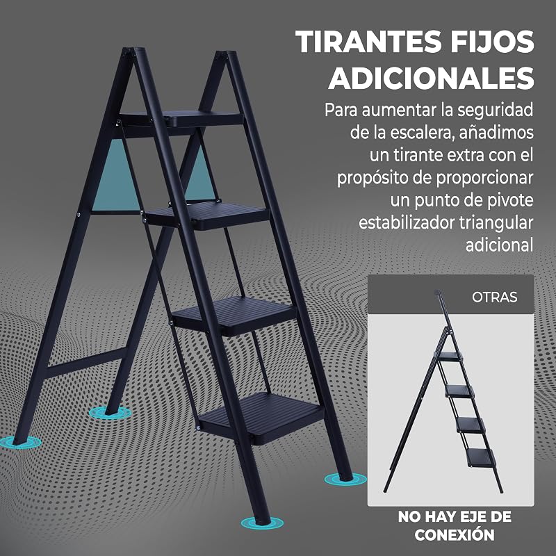 Escalera Plegable 4 Peldaños, Escaleras Decorativa, Peldaños Anchos Antideslizantes, Ideal para Uso en Hogar, Cocina y Oficina, Fácil de Guardar y Transportar, Resistente (Negro, 4 Peldaños)