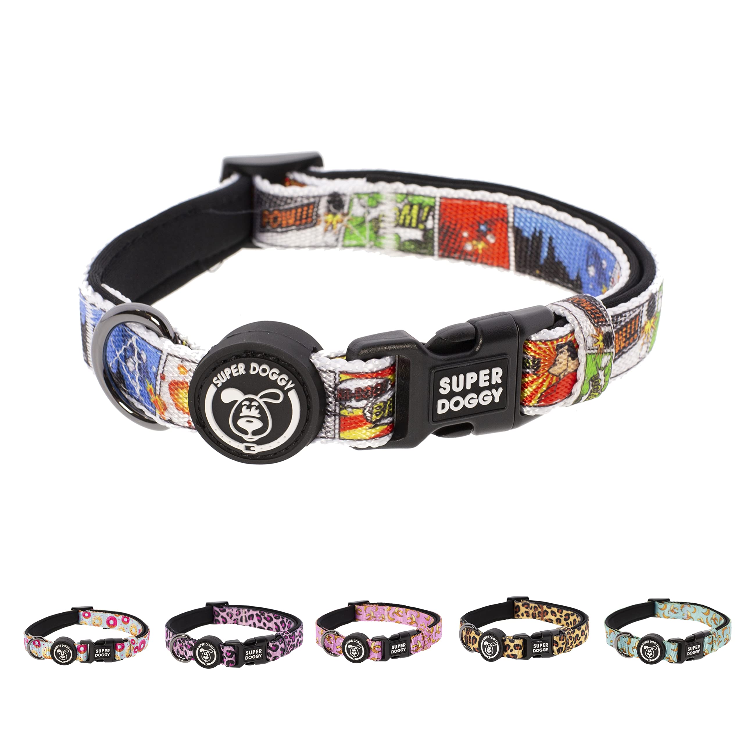 SUPER DOGGY Small, Medium and Large Dog Collar – Adjustable and Padded Nylon Collar with Fashion Designs – for Walking, Training and Running – Lightweight and Ideal for Puppies