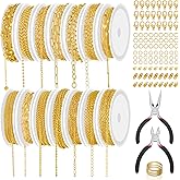 ROADPLUM 14 Roll Gold Chains for Jewelry Making - 102Ft Chains (Copper & Stainless Steel) with 2 Jewelry Pliers, 260+ Lobster Clasps, Jump Rings & Connectors - Complete DIY Chain Supplies for Crafter