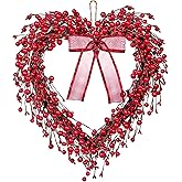 Sggvecsy 16in Valentine's Day Heart Wreath with Red Berries Red Heart Wreaths Handmade Valentines Day Wreath Rustic Twig Wreath with Silk Bow for Gifts Front Door Indoor Home Wedding Festival Decor