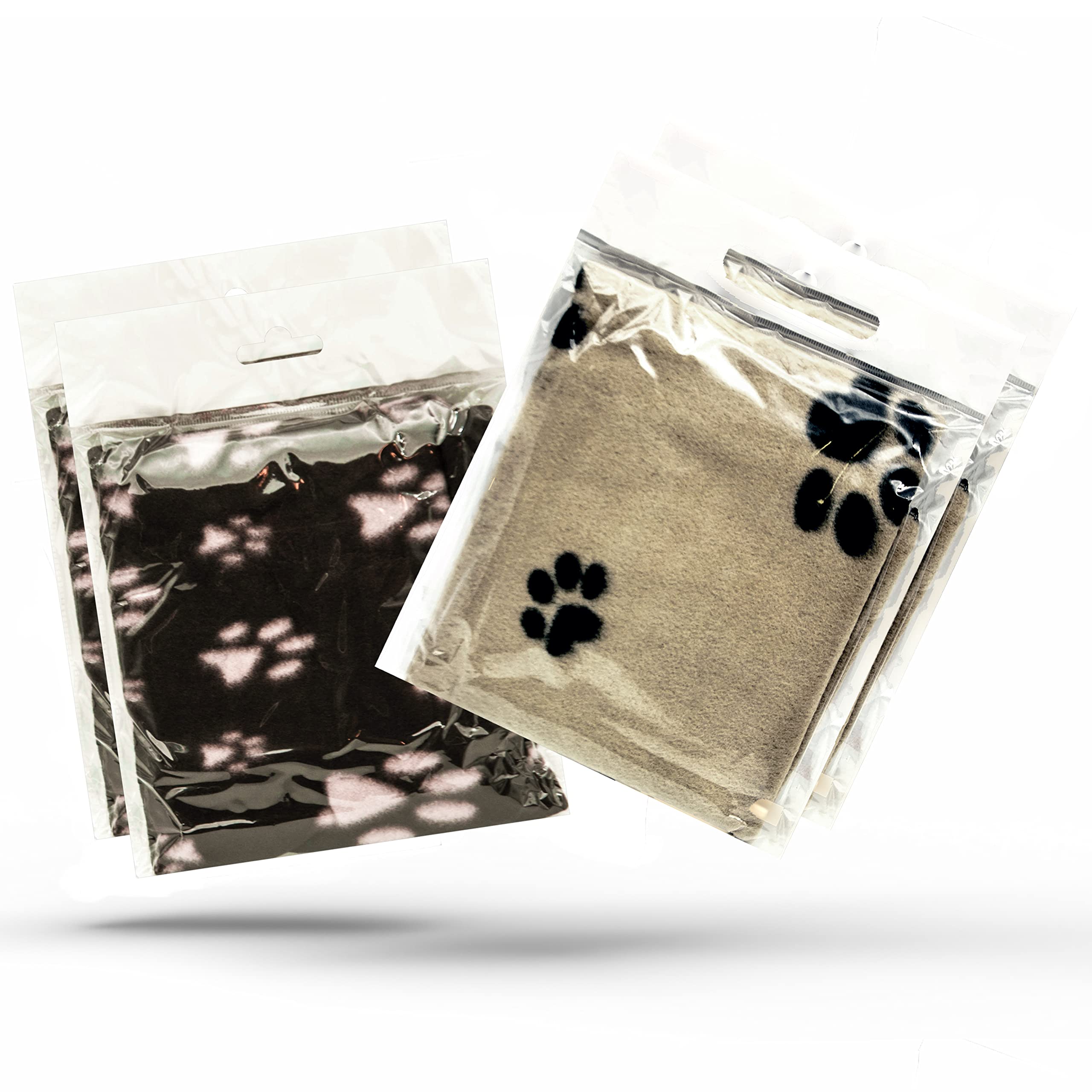 4 X Dog Blankets Washable With Paw Prints Dog Blanket | Cat Blanket | Soft Warm Dog Fleece Animals Pet Blanket Puppy Blanket Bed Travel Pack (BLACK and BEIGE, 70cm X 73cm (Pack of 4))
