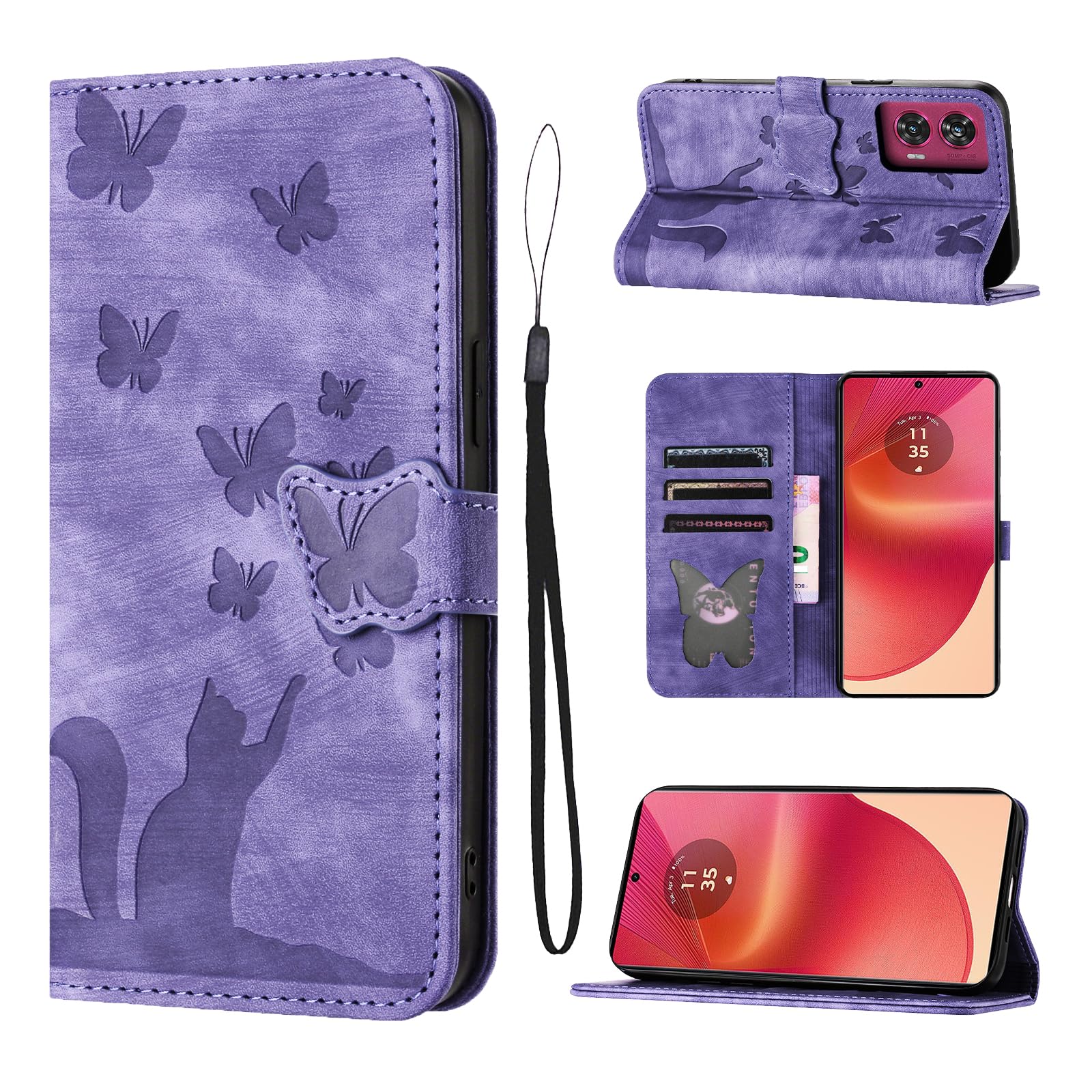LSPCASA Phone Case For Motorola Edge 50 Fusion 5G 6.7 inch Premium PU Leather Material Edge 50 Fusion Case With Card Slots Cat Butterfly Pattern Edge 50 Fusion Phone Case, Purple