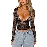 Women Floral Lace Top Low Cut Sheer Long Sleeve Crop Shirt Y2K Going Out Tops