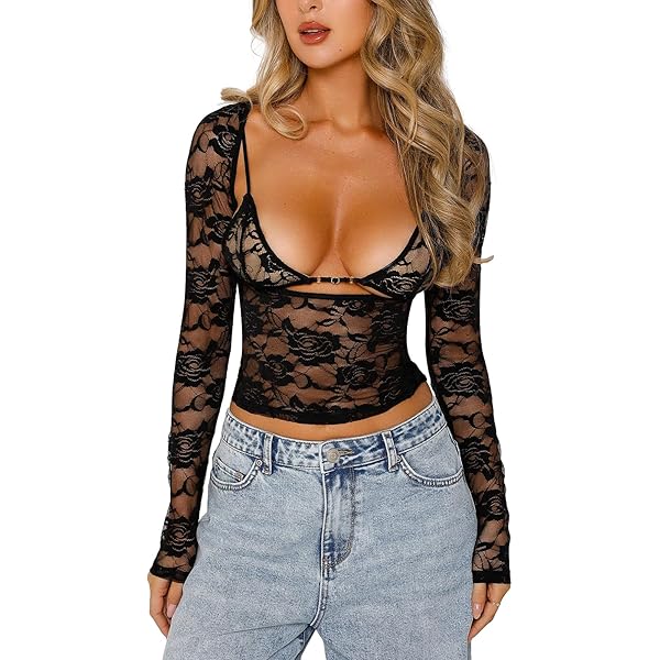 Chloefairy Sexy Flower Lace Crop Tops for Women Long Sleeve Mesh
