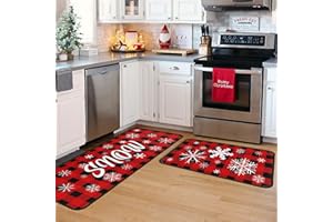 KUKLI KITCHEN Buffalo Plaid Christmas Kitchen Rugs and Mats Set of 2 PCS, Xmas Snow Winter Holiday Party Low-Profile Floor Mat Merry Christmas Decorations for Home Kitchen - 17"x47"+17"x30"